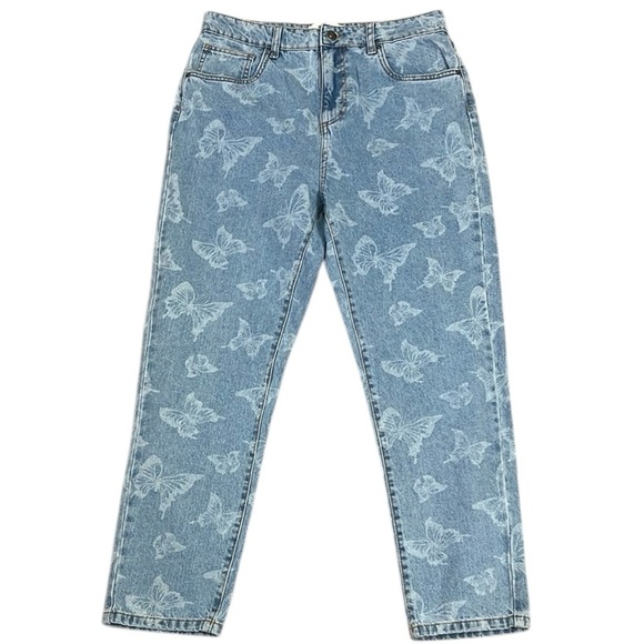 High Rise Tapered Leg Mom Jean Butterfly Print Light Blue Wash Cotton:On Size 8 - Picture 1 of 12